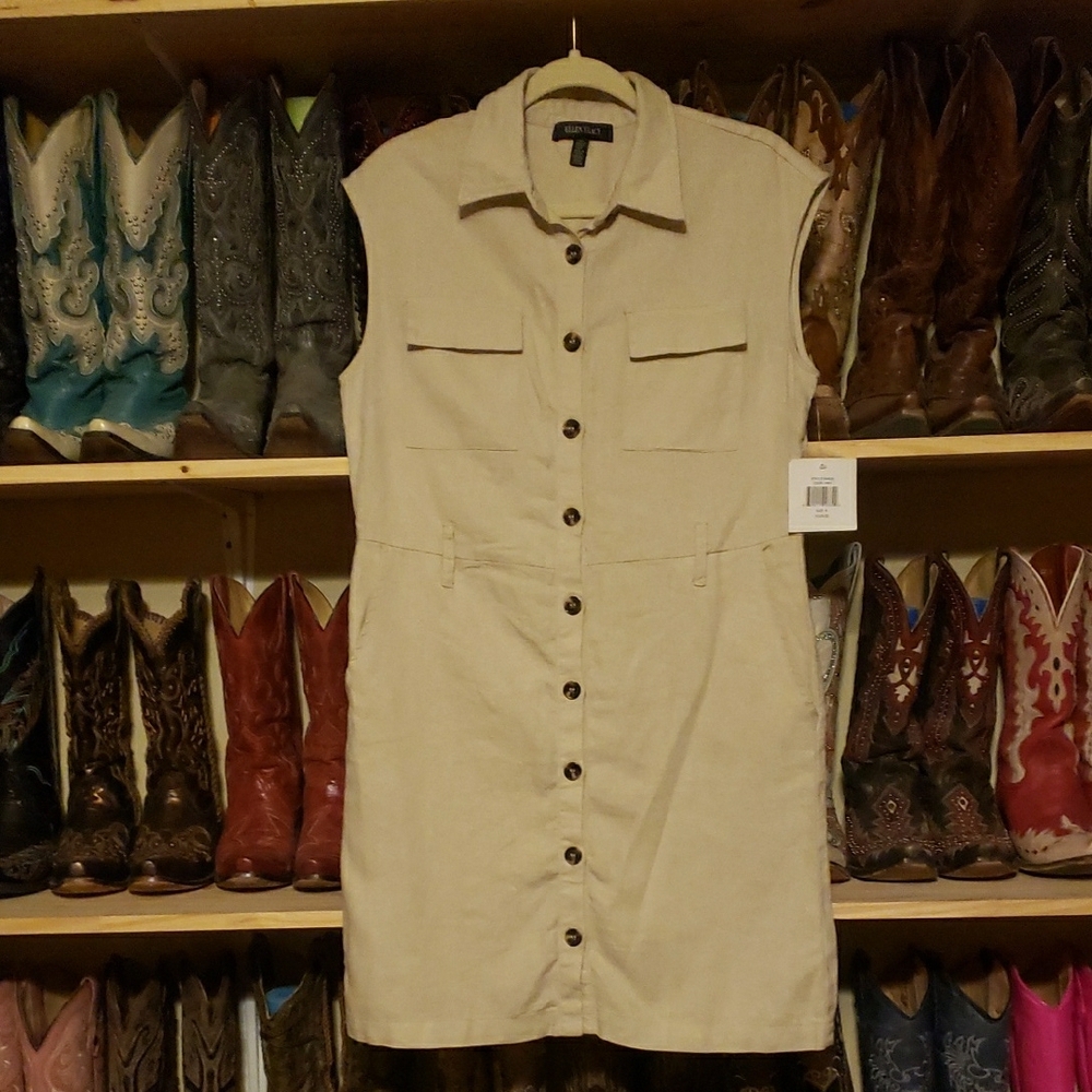 Ellen Tracy Cream Sleeveless Buttoned Knee-Length Dress